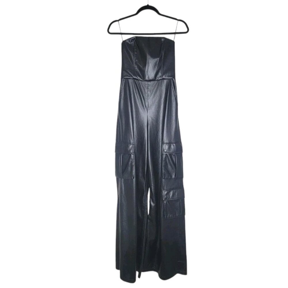 Alice + Olivia Black Faux Leather Strapless Cargo Jumpsuit
